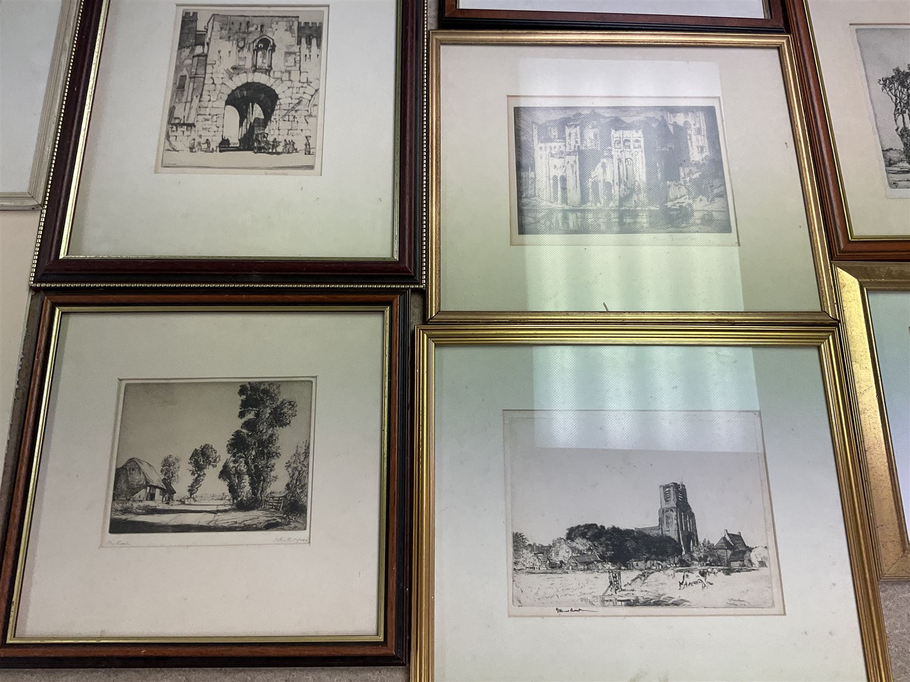 Collection of etchings, artists including Herbert Gordon Warlow, Henry Percy Huggill, David Robertson, Eliab George Earthrowl, Kevin Brown, Geoffrey Heath Wedgwood, Louis Conrad Rosenberg, Frank Brangwyn, Martin Hardie, John Shapland, Oliver Hall, Sydney Mackenzie Litten, Percy Lancaster, Willie Rawson, etc (18)