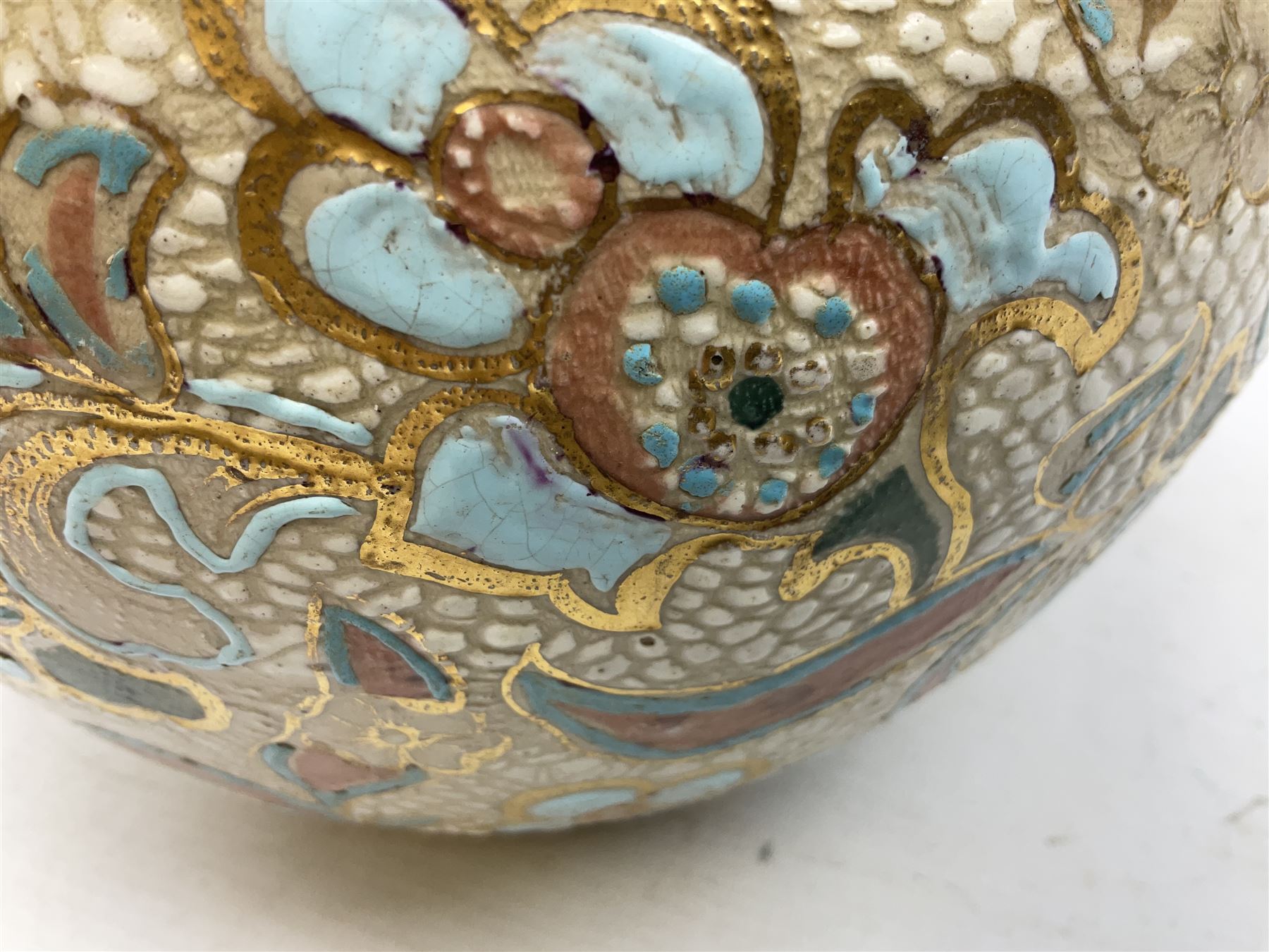 Three jardinières comprising West German Gerz example decorated in relief, Doulton Slaters example with frilled everted rim and a majolica example, and a further two Arthur Wood majolica jugs (5)