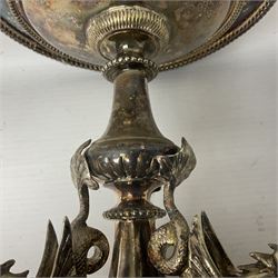 Silver plated centrepiece, with a triform base formed as three Hippocampus with beaded detail, numbered 3682 to the base, H18cm 