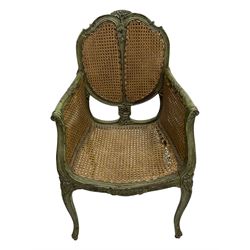 19th century French Louis XV-design armchair, carved and painted wood frame, caned back and seat with scrolled arms, supported by cabriole supports with acanthus leaf decoration