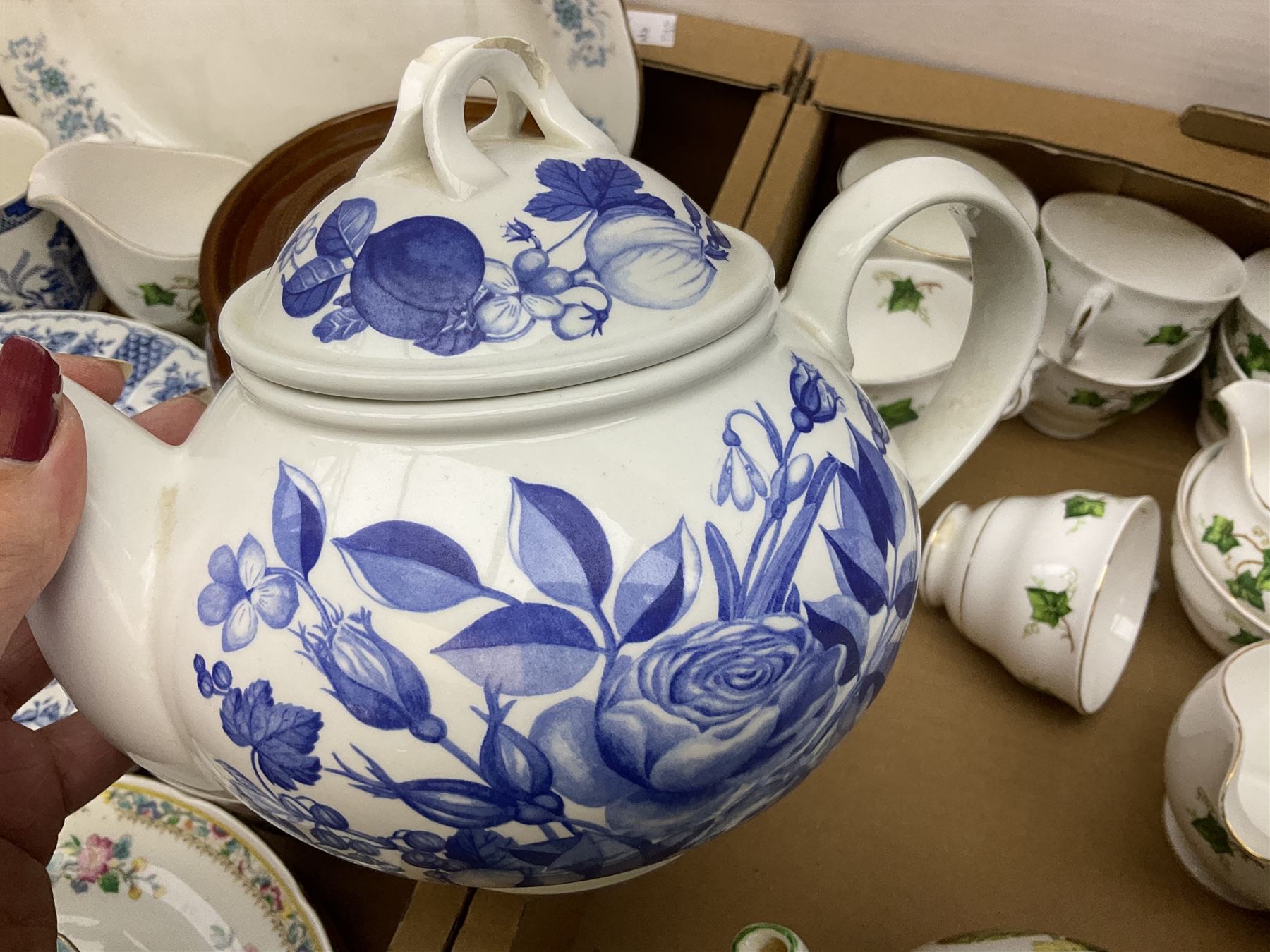 Quantity of teawares to include Coclough, Pearsons stoneware lidded twin handled pot, and other ceramics in two boxes