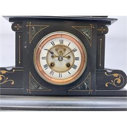 A large late 19th century Belgium slate mantle clock with an arched pediment and supports embellished with volutes and incised decoration, the case front with inlaid spandrels in contrasting marble and gilt incised decoration, on a conforming deep moulded plinth, eight-day rack striking French movement striking the hours and half hours on a bell, two part white enamel dial with a recessed center and visible Brocot escapement, jewelled pallets, steel spade hands, Roman numerals, minute markers and winding collets, with a flat bevelled glass and cast bezel, with pendulum, no key.

