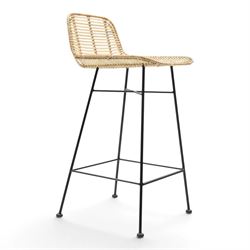 Next - set of three 'Pacific' bar stools, caned back and seat, raised on black tubular supports