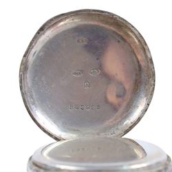 Silver improved patent open faced pocket watch, together with a plated Helvetia military issue pocket watch with broad arrow verso and two silver fob watches