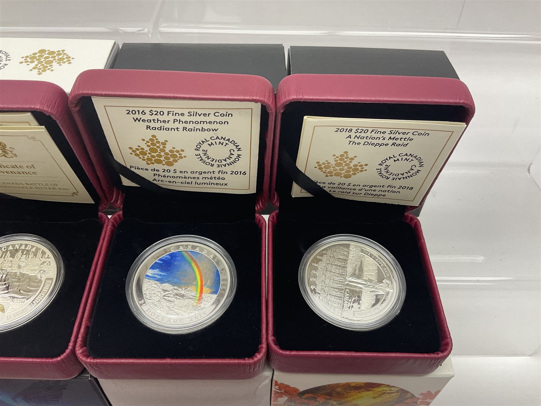 Eleven Royal Canadian Mint fine silver twenty dollar coins, including 2016 'A Royal Tour', 2017 'A Platinum Celebration', 2018 'A Nation's Mettle The Dieppe Raid', 2019 'Give Peace A Chance 50th Anniversary' etc, all cased with certificates