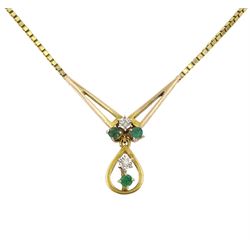  9ct gold emerald and diamond pendant necklace, hallmarked