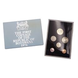 The Royal Mint United Kingdom 1997 silver proof two-coin fifty pence set, 2001 silver proof piedfort one pound coin and 1999 silver proof five pound coin all cased without certificates, Republic of Malta 1978 nine-coin proof set cased with certificate, Republic of Botswana 1976 six-coin set