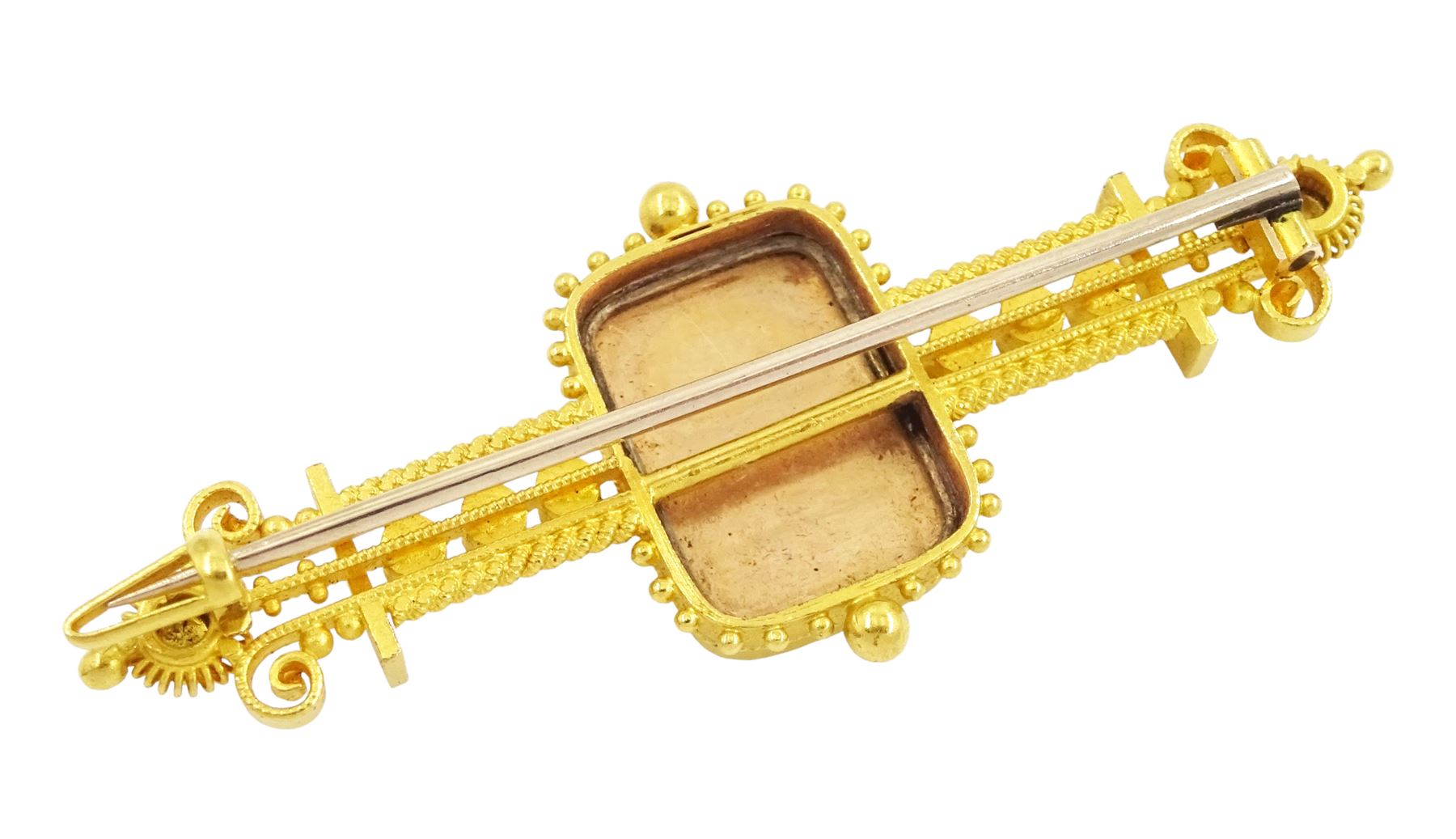 Victorian gold Etruscan revival portrait brooch, the bead and wirework brooch set with a central portrait of a woman in 18th century dress and eight seed pearls on ivory, in a velvet and silk lined box by A.K. Watters of Edinburgh. This lot has been registered for sale under Section 10 of the APHA Ivory Act