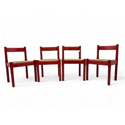 Vico Magistretti - mid-20th century circa. 1970s set of four beech framed dining chairs in red finish, with drop-in rush seats