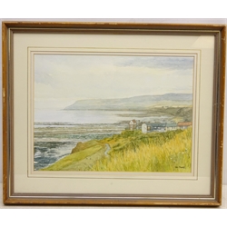  Steam Ship in Rough Seas, 20th century oil on canvas signed by Robert Huxley 49cm x 64.5cm  and Scarborough, watercolour signed by Ken Perry 25cm x 35cm (2)   