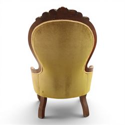 Victorian mahogany green upholstered nursing chair, balloon back with carved cresting rail, button back upholstered with low swept arms, raised on cabriole supports