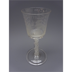  Opaque twist wine glass, the engraved bucket shaped bowl inscribed 'Success to the British Navy', H17cm   