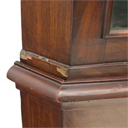 Late 19th century Continental bombe cabinet on chest, shaped moulded cornice with carved cresting, the upper section enclosed by a pair of arched glazed doors with astragal glazing revealing a shelved interior, the lower section fitted with four graduating drawers with rococo-style metal handles, serpentine front and sides, raised on scroll and paw feet