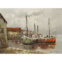 W Jones (20th century): Harbour Scene, oil on canvas signed 45cm x 60cm; I Cafieri: Landscape, oil on canvas signed 50cm x 60cm (2)