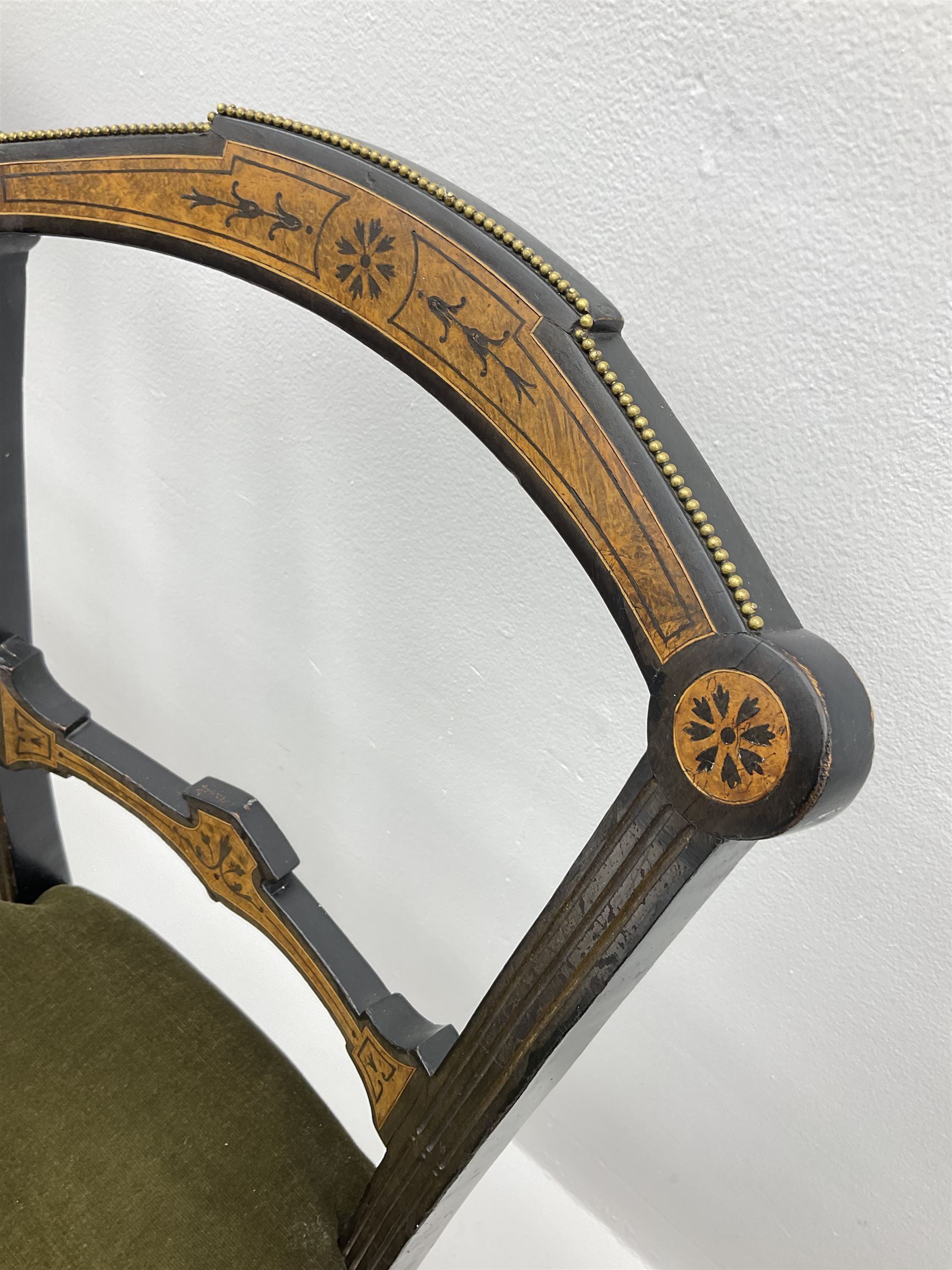 Set three late Victorian salon side chairs, ebonised frames inlaid with amboyna wood, with applied brass beading, turned and fluted supports with gilt detail