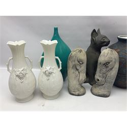 Studio pottery, to include set of four goblets, squat vase and large vase decorated with birds amongst leaves, together with pair of twin handled vases with grape decoration, cat figure, etc, large vase H28cm