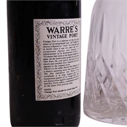 Warre's 1977 vintage port, 75cl unknown proof, two bottles, with Waterford Lismore pattern glass decanter