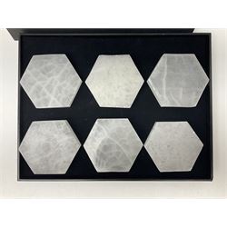 Set of six selenite hexagonal coasters, D7cm