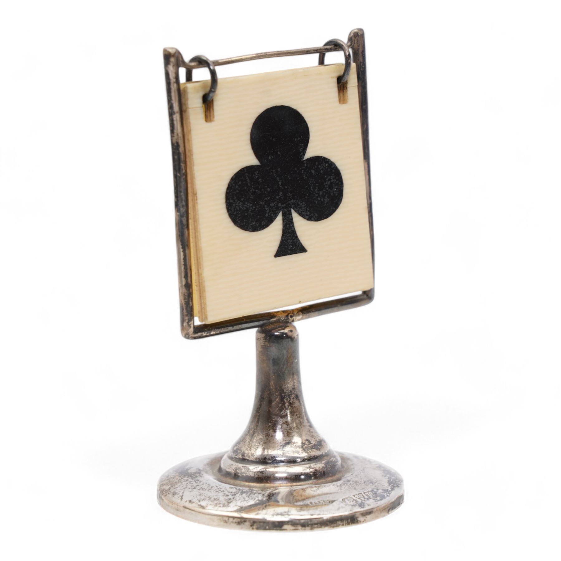 1920s silver bridge marker with ivorine cards, by Joseph & Richard Griffin, Chester 1921 H9cm