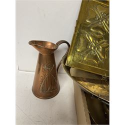 J.S & S Art Nouveau jug, together with half gallon jug, copper tray and other brass and copper items 