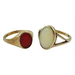 Gold single stone opal ring and a gold single stone carnelian ring, both hallmarked 9ct
