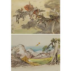 John Armstrong (British 1924-2018): Ride of the Valkyries, watercolour unsigned 37cm x 53cm; Eric Kincaid (British 1931-): 'The Japanese Princess', watercolour signed with initials, titled on exhibition label verso 16cm x 21cm (2) 
Provenance: Armstrong with Sulis Fine Art, label verso. Probably a sketch for a book illustration.