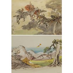 John Armstrong (British 1924-2018): Ride of the Valkyries, watercolour unsigned 37cm x 53cm; Eric Kincaid (British 1931-): 'The Japanese Princess', watercolour signed with initials, titled on exhibition label verso 16cm x 21cm (2) 
Provenance: Armstrong with Sulis Fine Art, label verso. Probably a sketch for a book illustration.