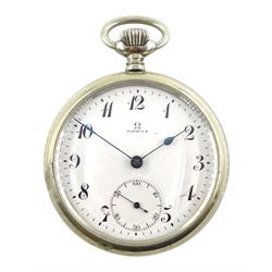 Nickle open face keyless lever pocket watch by Omega, No. 5347728, white enamel dial with Arabic numerals and subsidiary seconds dial, screw back case