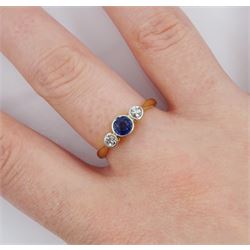 Art Deco gold three stone sapphire and old cut diamond ring, circa 1930's by A W Crosbee & Sons Ltd, stamped 18ct Pt
