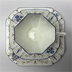 1920s Shelley Queen Anne shaped trio, decorated in the Blue Iris pattern no. 11561, ith printed mark beneath 