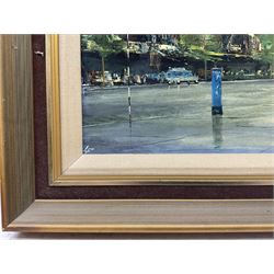 Leonard 'Len' Fenton (British 1926-2022): London Street Scene, oil on board signed with initials 19cm x 59cm
Notes: principally an actor, best known for his role as Dr. Harold Legg in EastEnders, Len Fenton was also an accomplished artist.