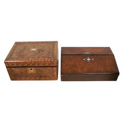 19th century burr-walnut writing slope, with inlaid mother-of-pearl decoration, fitted int...