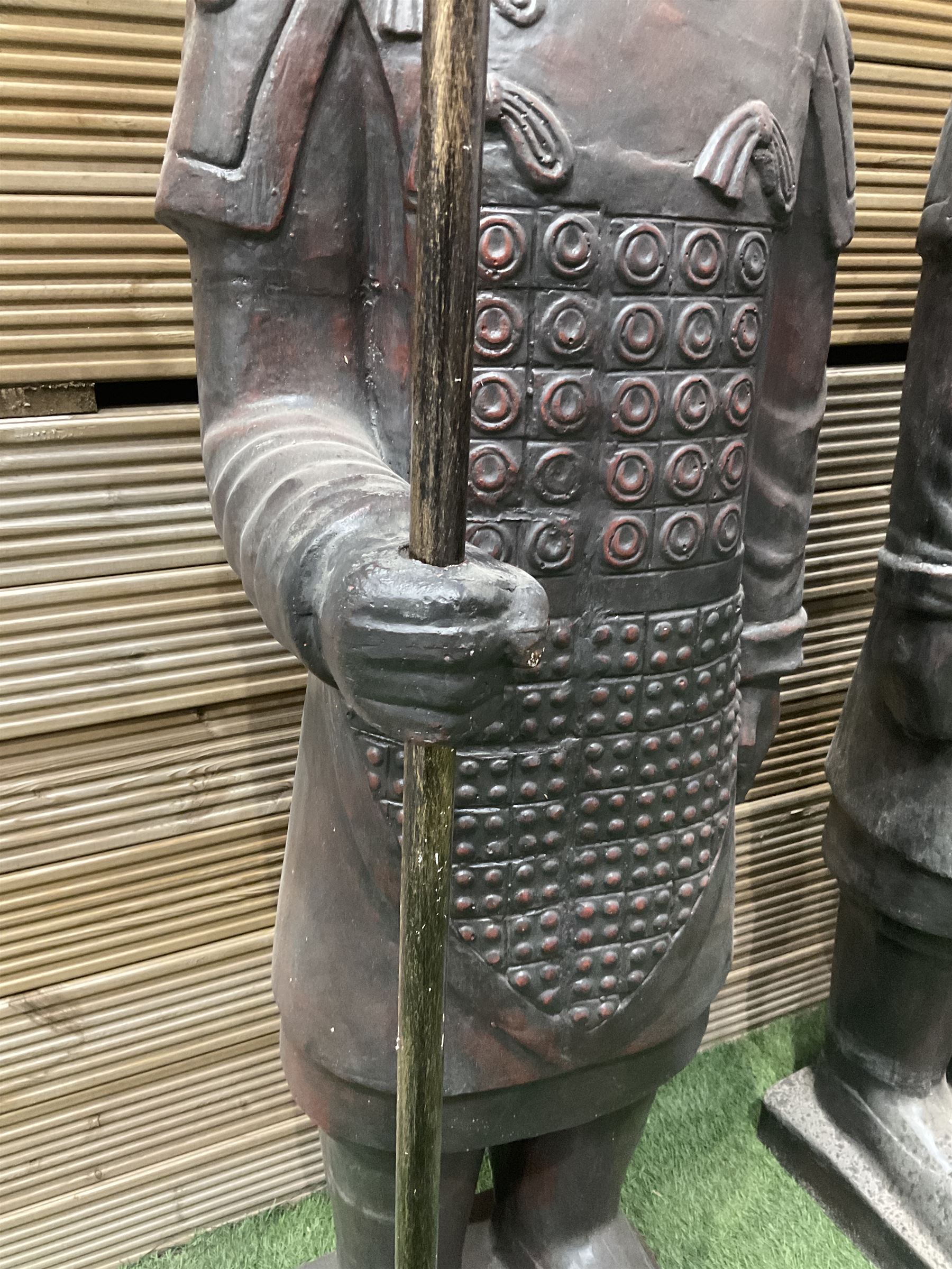 Pair of large terracotta warriors holding a spear (H150cm) - THIS LOT IS TO BE COLLECTED BY APPOINTMENT FROM DUGGLEBY STORAGE, GREAT HILL, EASTFIELD, SCARBOROUGH, YO11 3TX