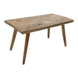 Early 20th century rectangular pine table with rustic top on four splayed tapering supports