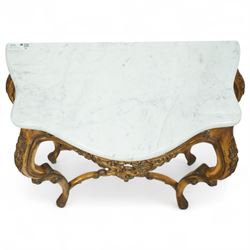 20th century Louis XV design giltwood console table, shaped white marble top over pierced and carved frieze with floral and foliate motifs, raised on cabriole supports united by X-shaped stretcher with central floral finial 