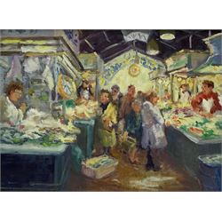 Catherine Tyler (British 1949-): 'St Josep Market - Barcelona', oil on canvas signed, inscribed verso 30cm x 40cm
