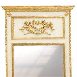 Neoclassical design pair of cream painted and gilt pier mirrors, projecting moulded cornices above frieze panels decorated with ribbon-tied musical trophies, rectangular plates within beaded slips, the outer frames with repeating leaf borders and flowerhead roundels
