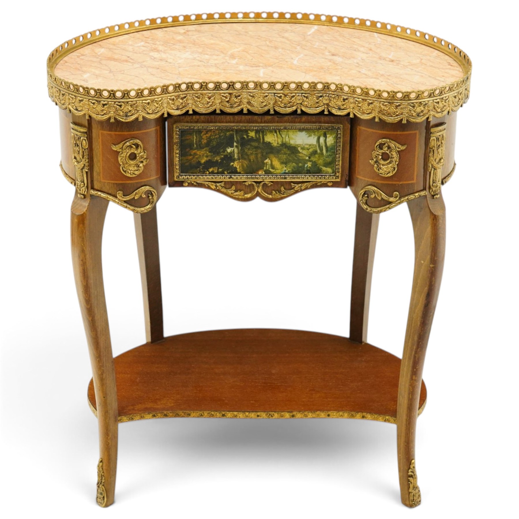 French Louis XV design inlaid kidney-shaped occasional table, the shaped pink marble top with pierced and raised gilt metal gallery edge of egg-and-dart design with swags, fitted with central drawer with a pastoral scene to facia, flanked by gilt metal mounts, raised on cabriole supports united by shaped undertier 