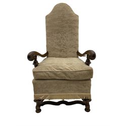 18th century design Continental walnut framed armchair, high shaped back, scroll arms