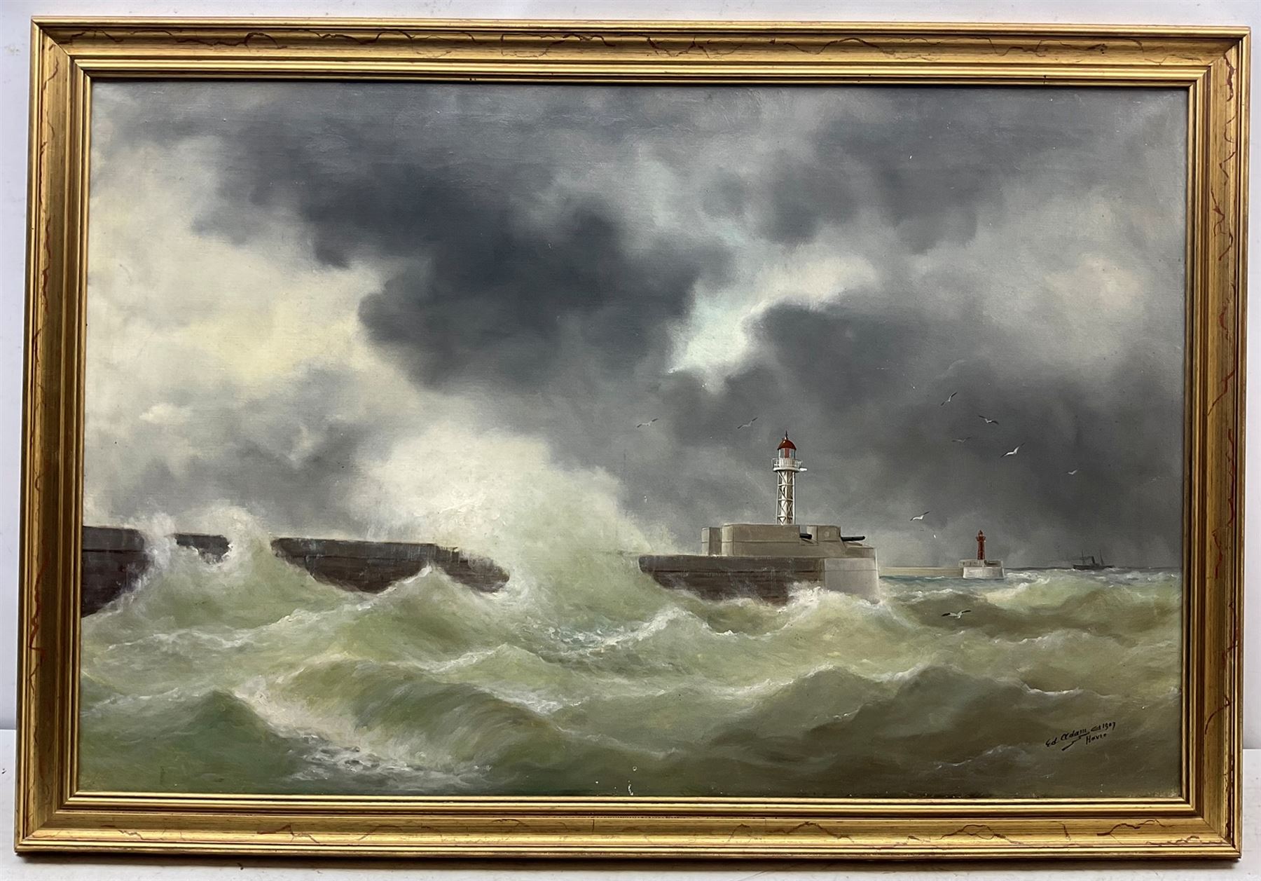 Edouard Adam (French 1847-1929): Lighthouses at 'Le Havre', oil on canvas signed titled and dated 1907, 59cm x 91cm