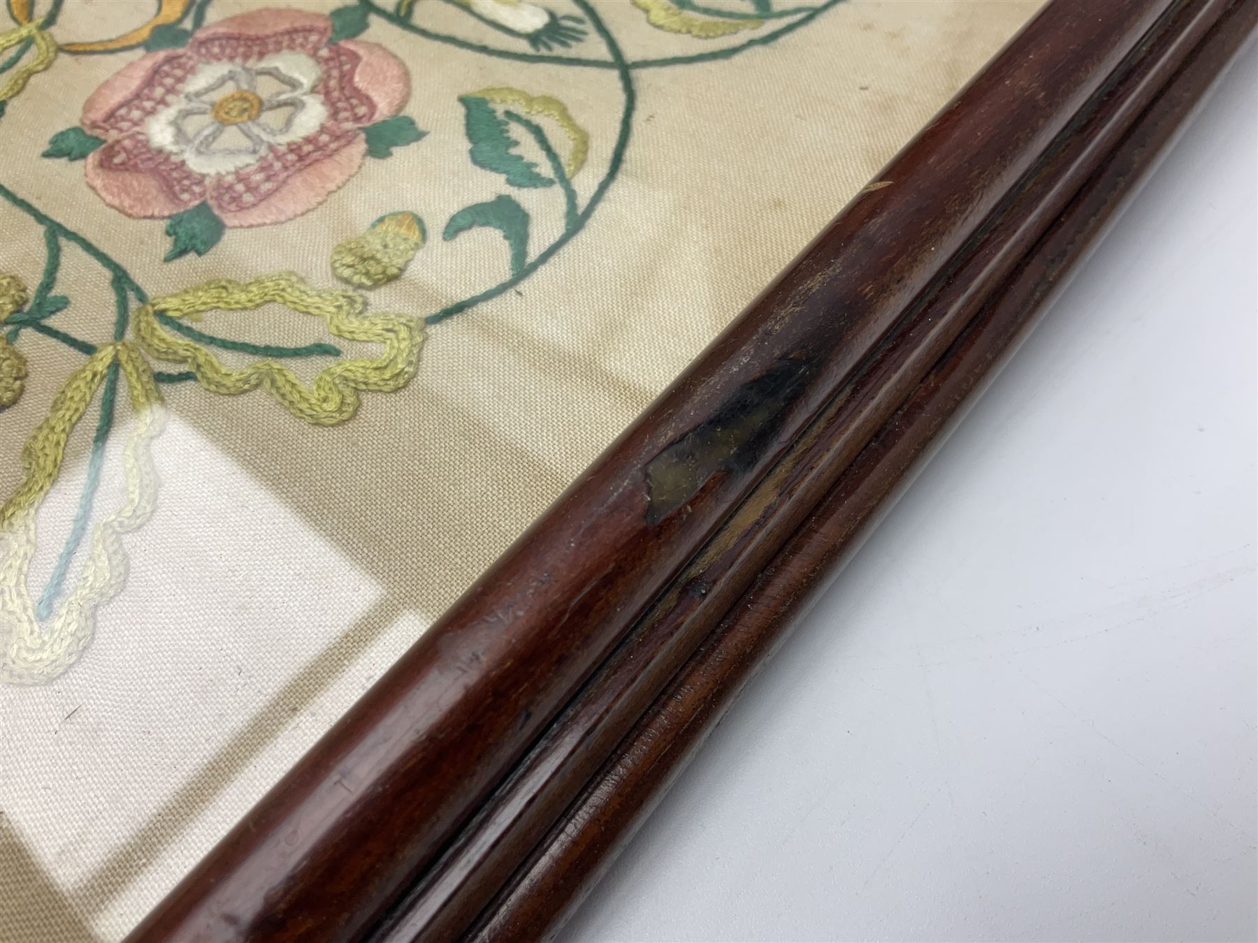 Two 1950s tapestries, the framed example celebrating the 1953 coronation, the second converted into a fire screen depicting a floral display, firescreen H70cm (2)