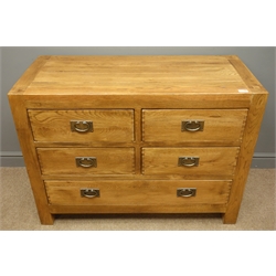  Oak chest, four short and one long drawer, stile supports, W110cm, H81cm, D51cm  