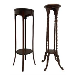 Edwardian mahogany plant stand, mahogany plant stand, two smokers stands, mahogany centre table, side table with drawer, hardwood folding chair, Edwardian mirror glazed corner cabinet and an occasional table (9)
