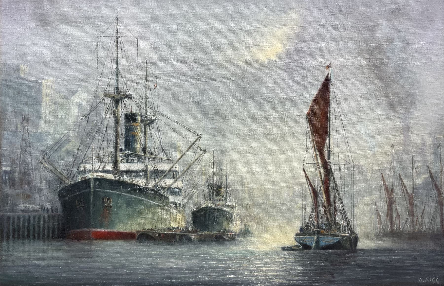 Jack Rigg (British  1927-2023): 'Shipping', oil on canvas signed, titled and dated 1983 50cm x 76cm