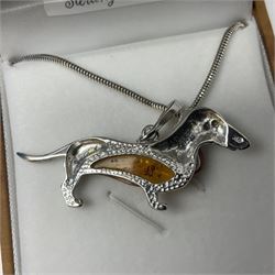 Silver Baltic amber dachshund pendant necklace, stamped 925, boxed 