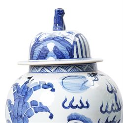 Pair of blue and white Chinese baluster vases and covers decorated with dragons, foliage etc H49cm