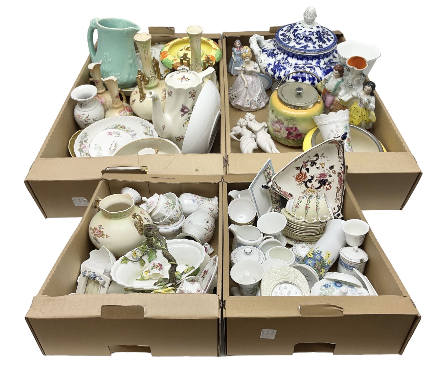 Royal Worcester miniature loving cup, Royal Doulton Wendy figure HN 2109, Lladro dish, two Giuseppe Armani figures, Staffordshire style figural vase, Crown Devon Fieldings blush ivory ewers and twin handled vases, Villeroy & Boch, Royal Doulton, Carlton Ware, Masons ironstone, other ceramics, teawares etc in four boxes