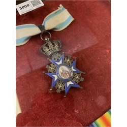 Group of seven medals/awards to Col. Stephen Fraser Clark M.B. R.A.M.C. comprising Victoria China 1900, no bar (Major S.F. Clark R.A.M.C.); 1914 Star (Lt.-Col. S.F. Clark R.A.M.C.); British War Medal 1914-20 and Victory Medal 1914-19 with oak leaf (Col. S.F. Clark); French Legion of Honour 1870 4th class enamelled; French Croix de Guerre 1914 -1916 with bronze star on ribbon; and Serbian Order of St. Sava 3rd Class silver gilt and enamelled neck badge; framed with some biographical information