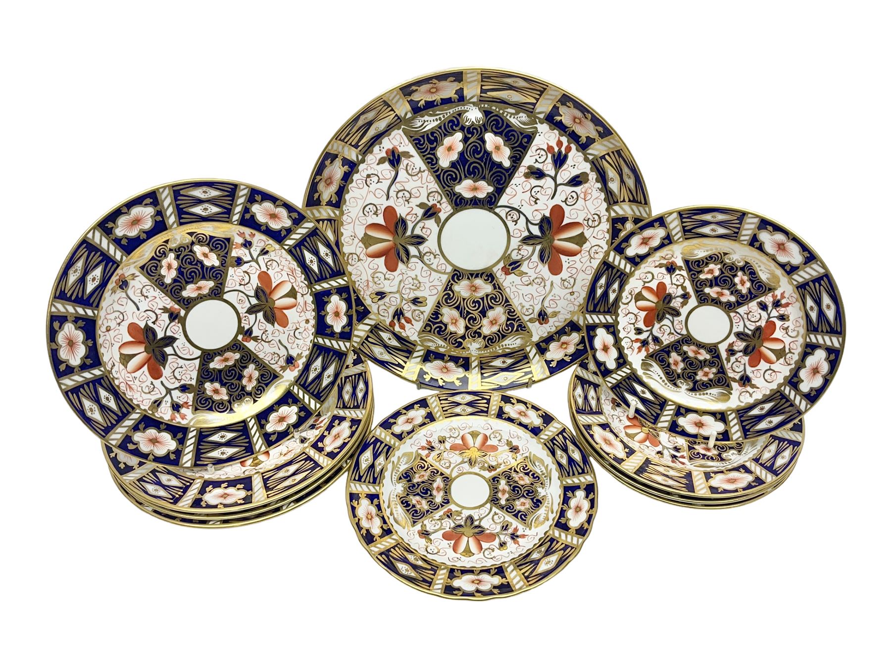 Ten Royal Crown Derby plates all in imari pattern 2451, in various sizes, comprising five D15.5cm, four D18cm and one D23cm