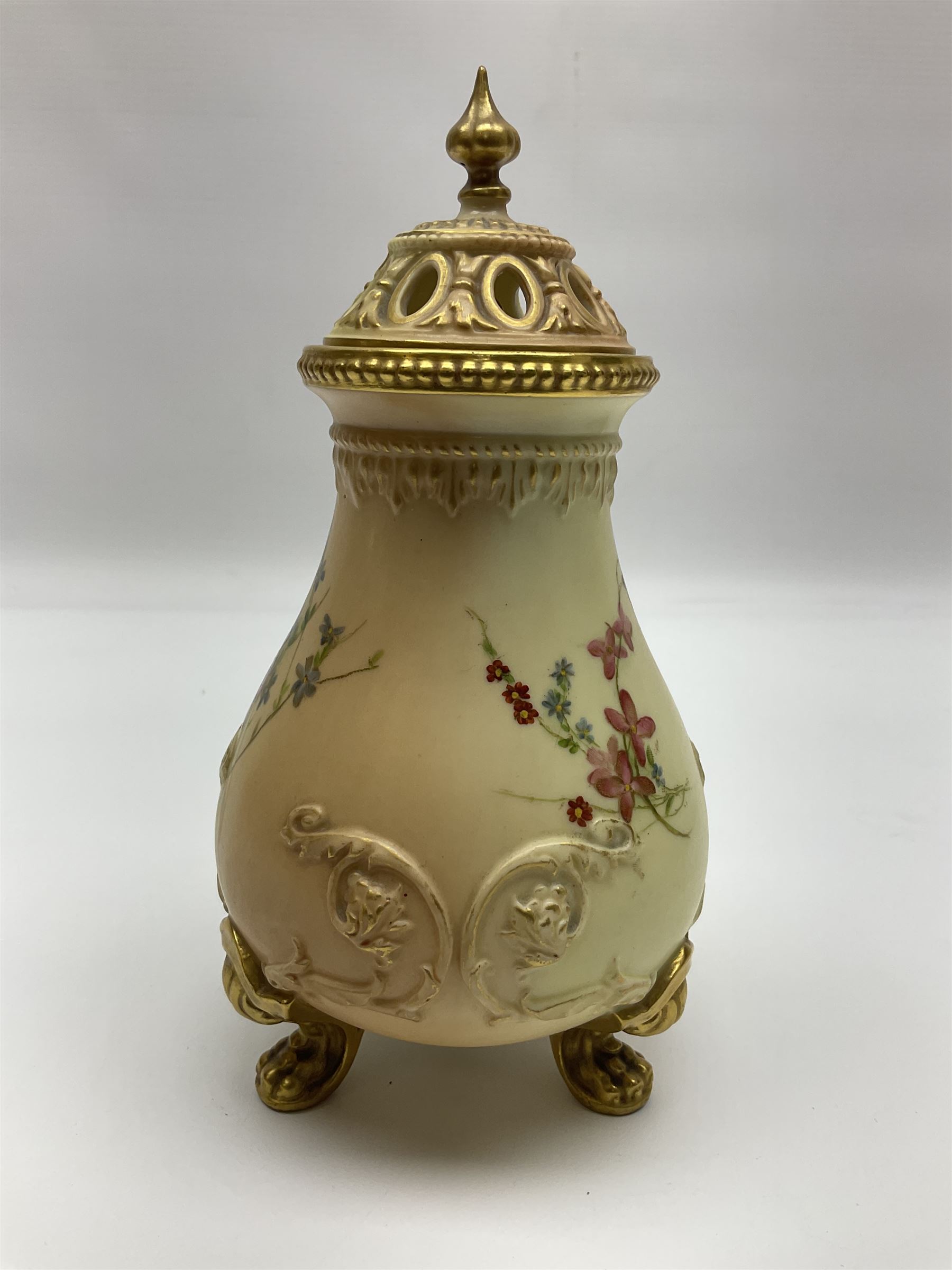 Royal Worcester blush ivory vase and cover, the vase of baluster form on gilt claw feet, shape No.1019, with printed beneath, Together with Limoges dish, vase H16cm
